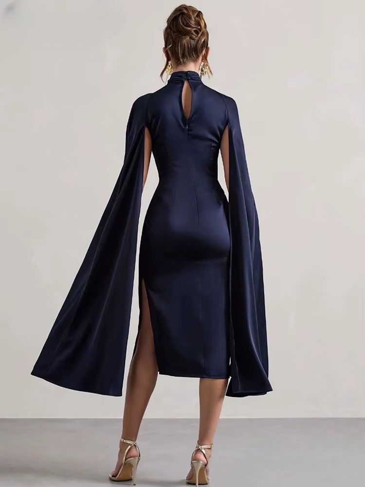 Elegant O-neck Split Extra Long Sleeve High Waist Slim Mid-Calf Celebrity Dress - Image 3