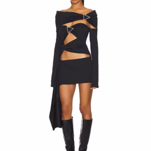 Elegant Off Shoulder Long Sleeved Slash Neck Hollow Out Tight Mini Dress