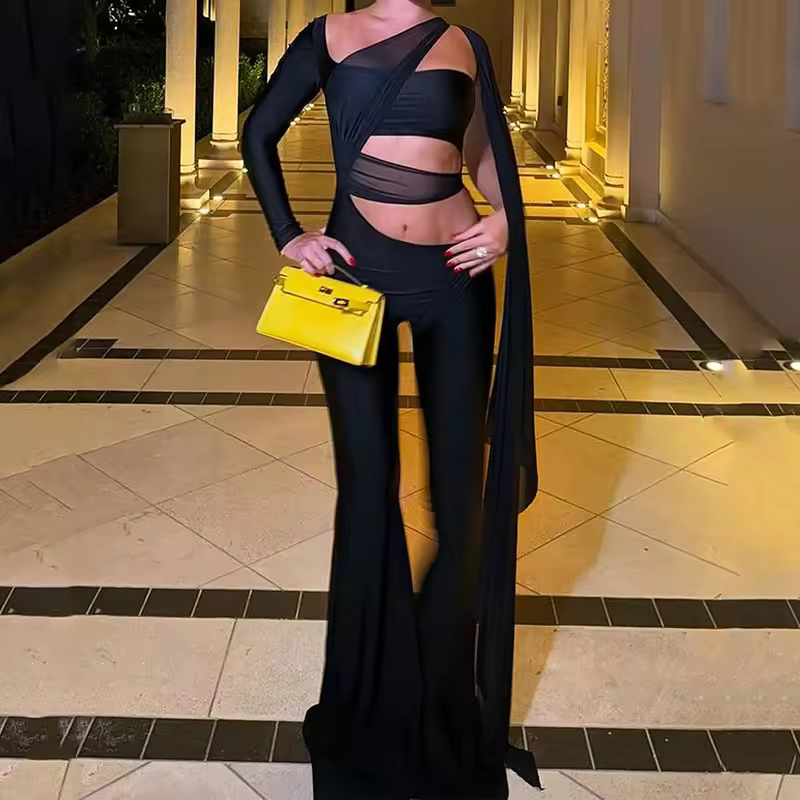 Elegant One Shoulder Hollow Out Irregular Skinny Jumpsuit