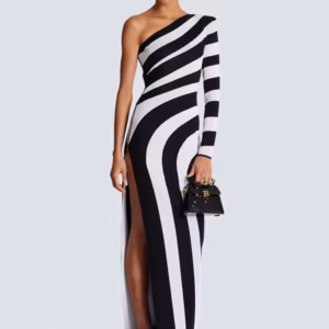 Elegant One Shoulder Long Sleeve Stripe Bandage Maxi Dress