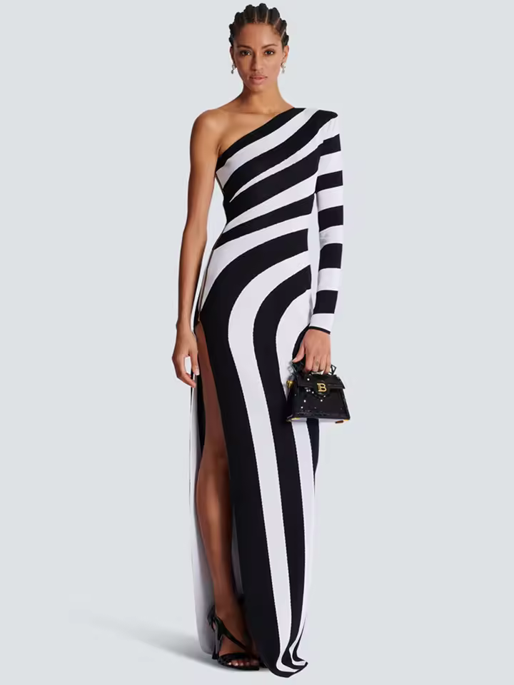 Elegant One Shoulder Long Sleeve Stripe Bandage Maxi Dress