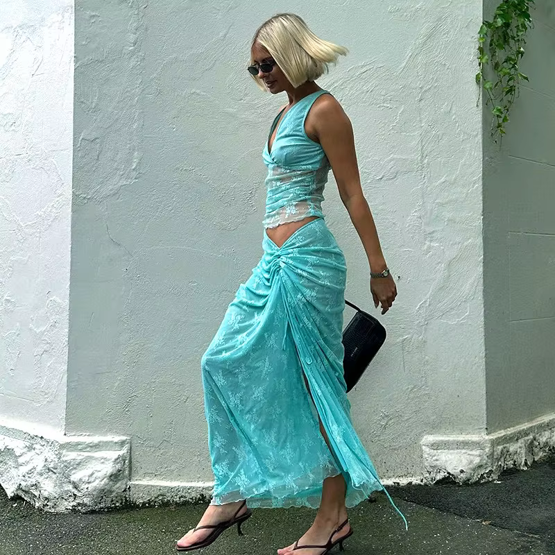 Elegant Patchwork V-neck Top Lace Long Skirt Two Piece Sets