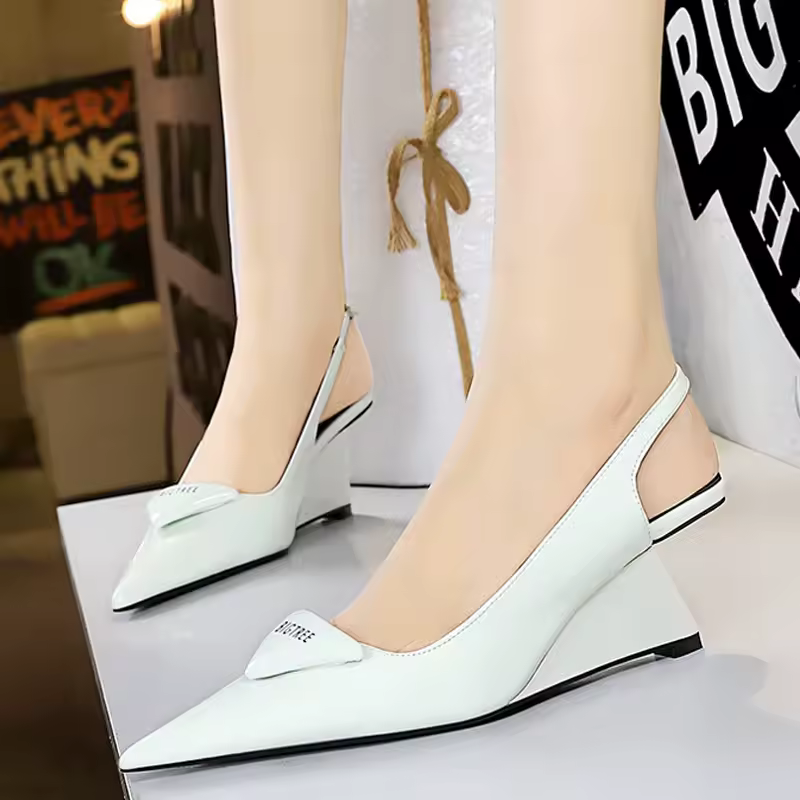 Elegant Patent Leather Pumps Hollow Back Strap High Heels Wedges Sandals
