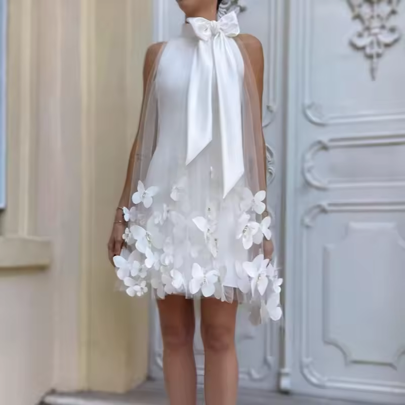 Elegant Pleated Hollow Butterfly Solid A-Line Mini Dress