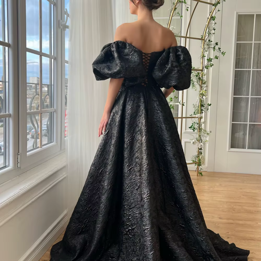 Elegant Puff Sleeve Side Slit Robes Floor-Length A-line Maxi Dress - Image 3