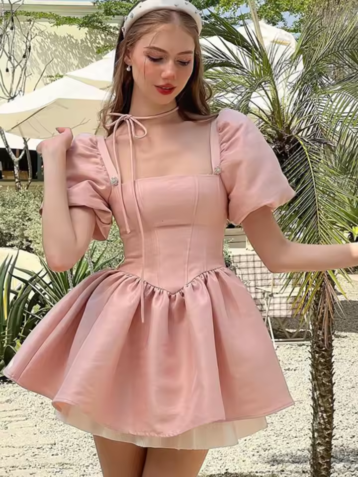 Elegant Puff Sleeve Square Collar Ruffles Satin Princess Mini Dress - Image 4