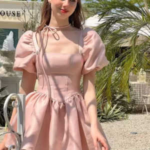 Elegant Puff Sleeve Square Collar Ruffles Satin Princess Mini Dress