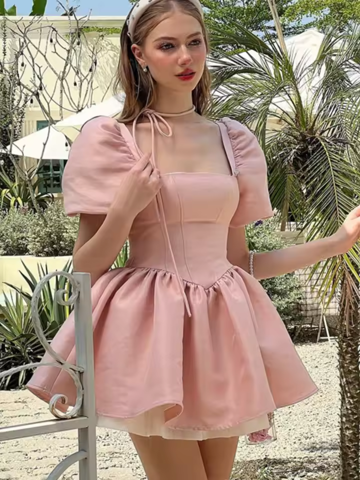 Elegant Puff Sleeve Square Collar Ruffles Satin Princess Mini Dress - Image 3