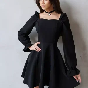 Elegant Puff Sleeve Square Neck A-line Mini Skater Dress