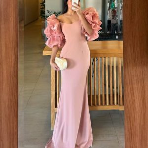 Elegant Puff Sleeve Strapless Mermaid Chiffon Side Slit Floor-Length Maxi Dress