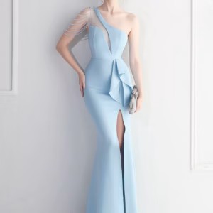 Elegant Rhinestone Diagonal collar Birthday Party Prom Evening Long Dresses