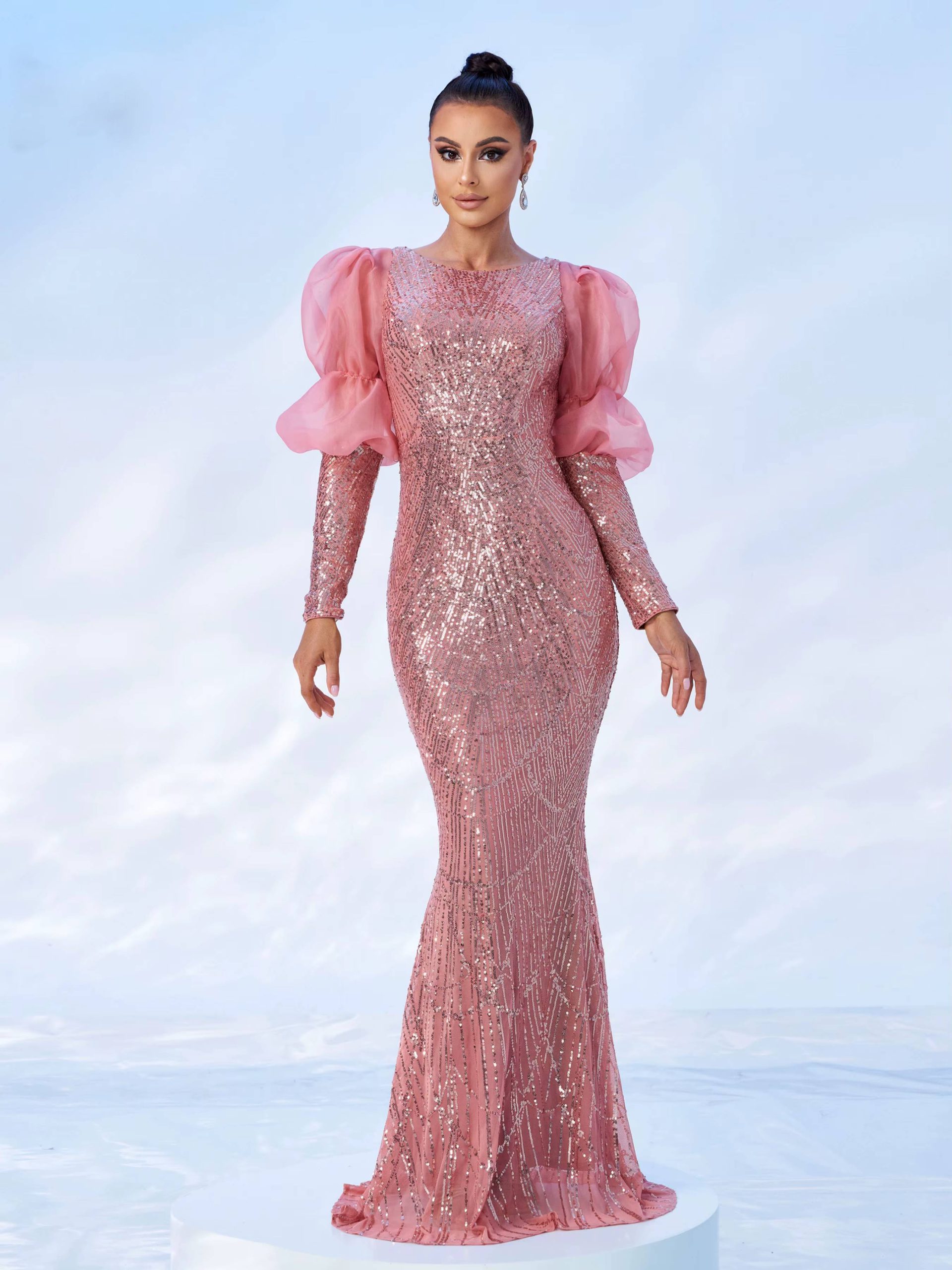 Elegant Round Neck Lantern Sleeves Sequin Birthday Party Floor Length Dress - Image 4