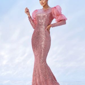 Elegant Round Neck Lantern Sleeves Sequin Birthday Party Floor Length Dress