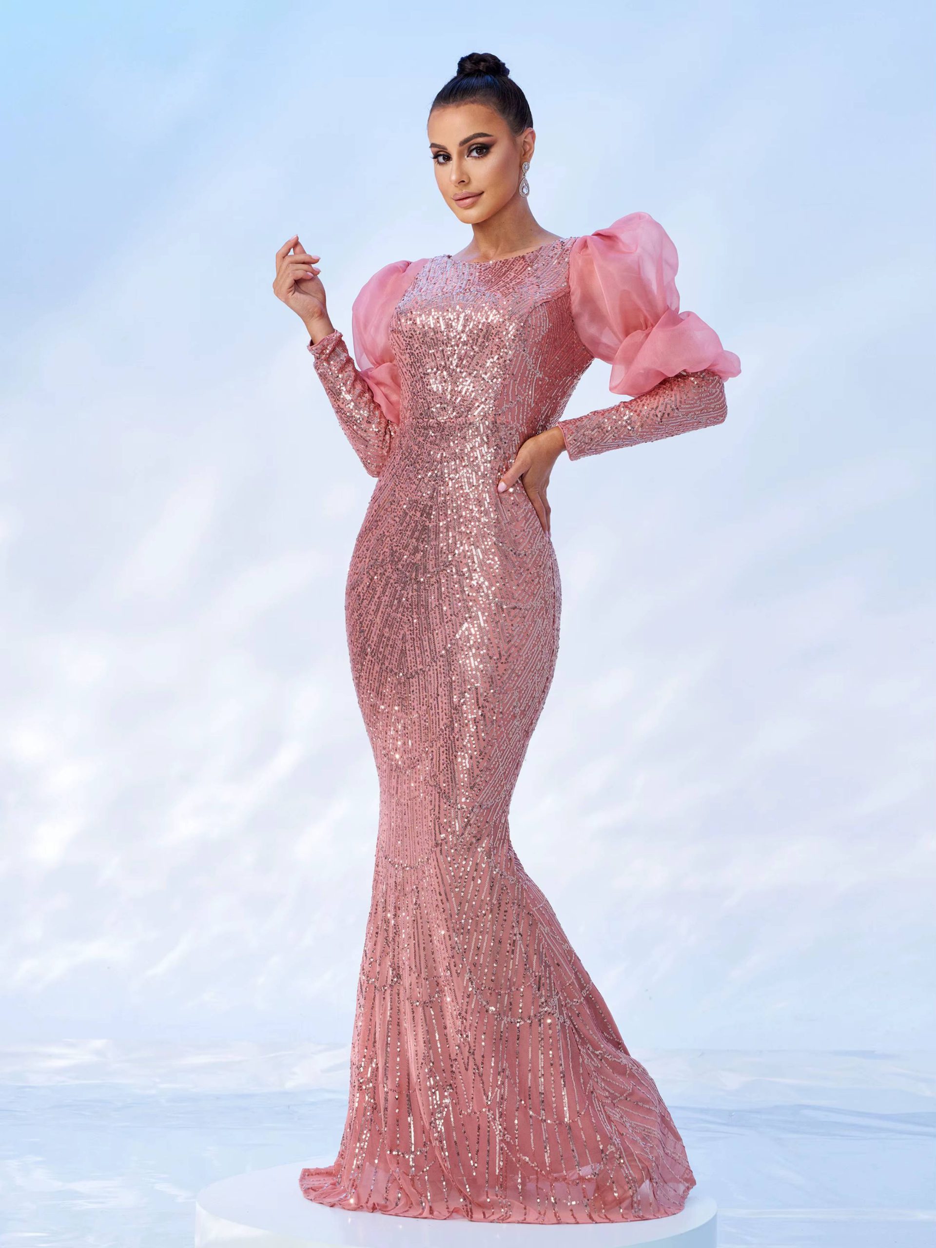 Elegant Round Neck Lantern Sleeves Sequin Birthday Party Floor Length Dress