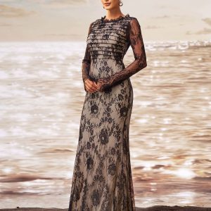 Elegant Round Neck Mesh Sleeves Mermaid Birthday Party Maxi Dress