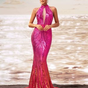 Elegant Round Neck Sleeveless Sequin Mermaid Maxi Dress