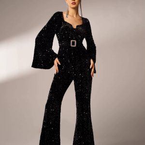 Elegant Sequin Flared Sleeve Birthday Party Luxury Jumpsuit