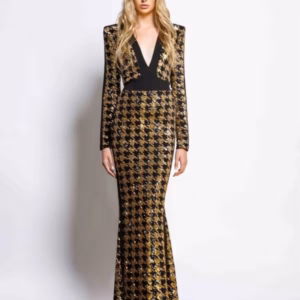 Elegant Sequin Long Sleeves V-Neck Bird Lattice Bodycon Maxi Dress