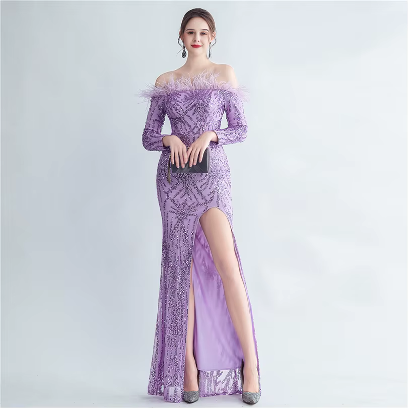 Elegant Sequins Boat Neck Formal Occasion Mermaid Slit Evening Party Dress