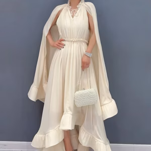 Elegant Shawl Sleeves V-Neck Ruffled Chiffon Maxi Dress
