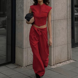 Elegant Sleeveless Crop Top With High Waist Pants 2 Piece Sets