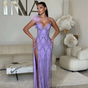 Elegant Sleeveless Spaghetti Strap Beaded Floor Length Maxi Dress