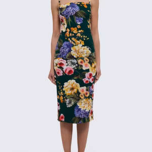 Elegant Square Collar Sleeveless High Waist Floral Printing Midi Dress
