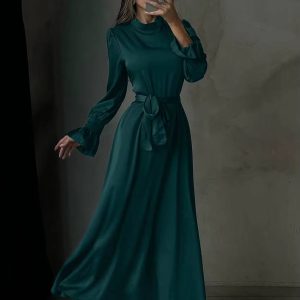 Elegant Stand Collar Long Sleeve Ankle Length Lace-Up Satin Maxi Dress