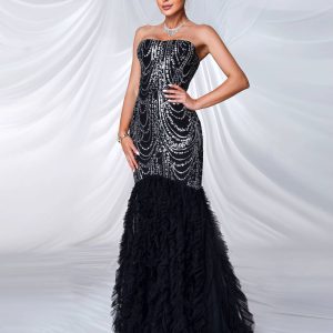 Elegant Strapless Panel Sequin Mermaid Birthday Party Maxi Dress