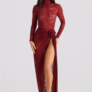 Elegant Turtleneck Long Sleeve T-shirt And Floral Maxi Skirt Lace Two Piece Sets