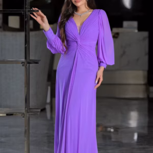 Elegant V-neck A-line Pleats Chiffon Floor-Length Long Sleeve Party Maxi Dress