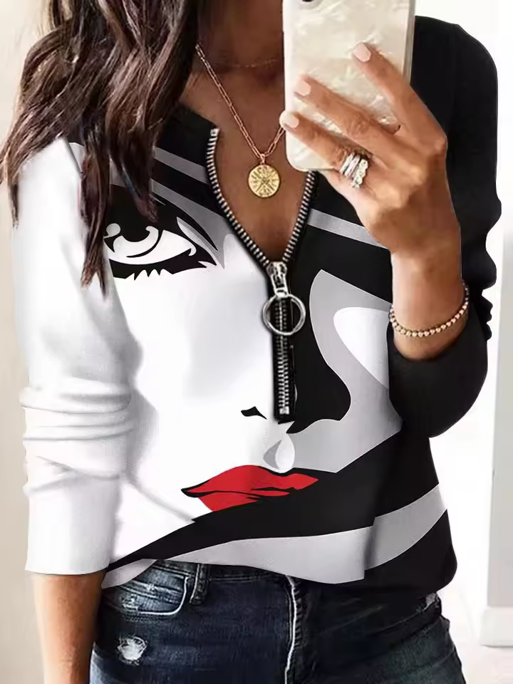Elegant Zipper Print Long Sleeve Pullover Casual T-shirt