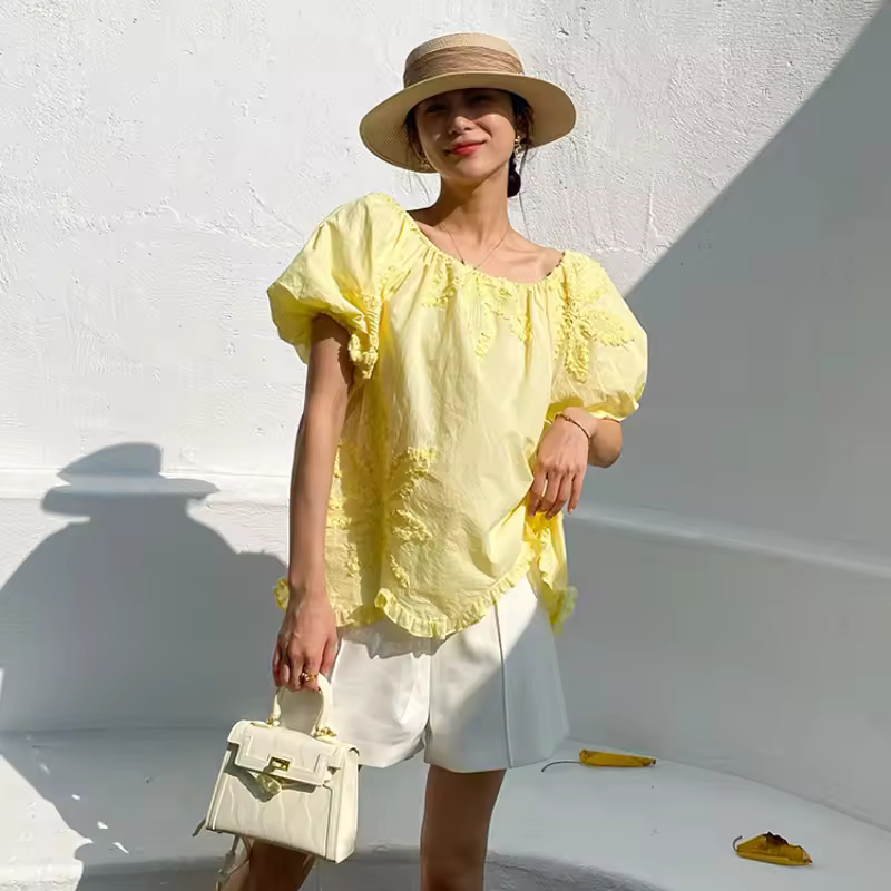 Embroidered Floral Off-shoulder Puff-sleeve Square Neck Top