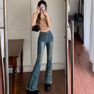 Embroidered Micro High Elasticity Slim and Spicy Design Flared Jeans