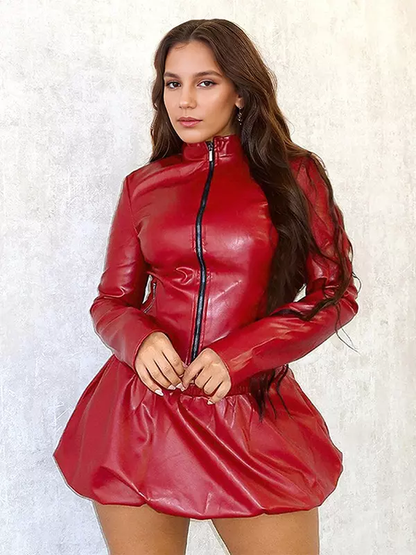 Faux Leather Long Sleeve Jacket And Bubble Skirt Night Out Two Piece Set - Image 3