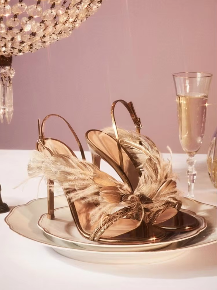 Feather Banquet Rhinestone One-line Buckle High Heel Stiletto Sandals - Image 5