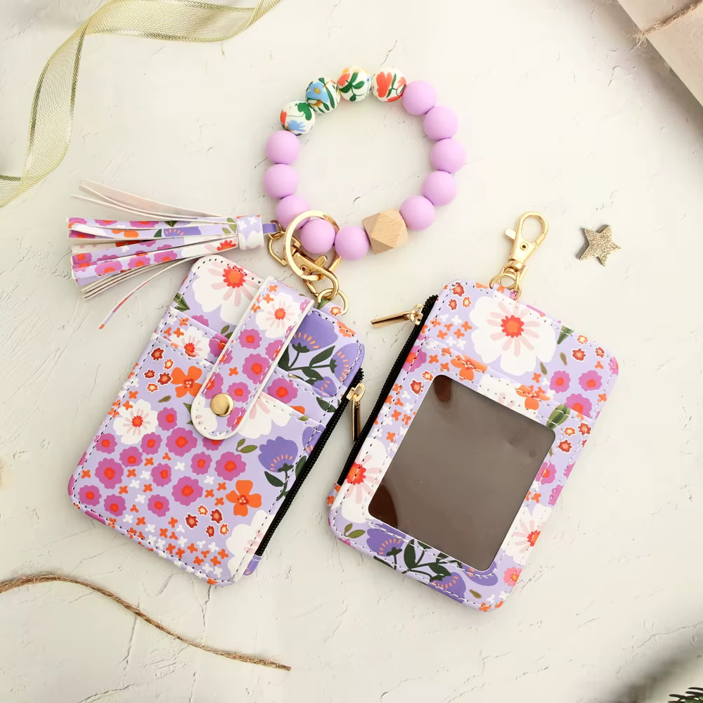 Floral Printed Silicone Bead Bracelet Leather Bangle Card Bag