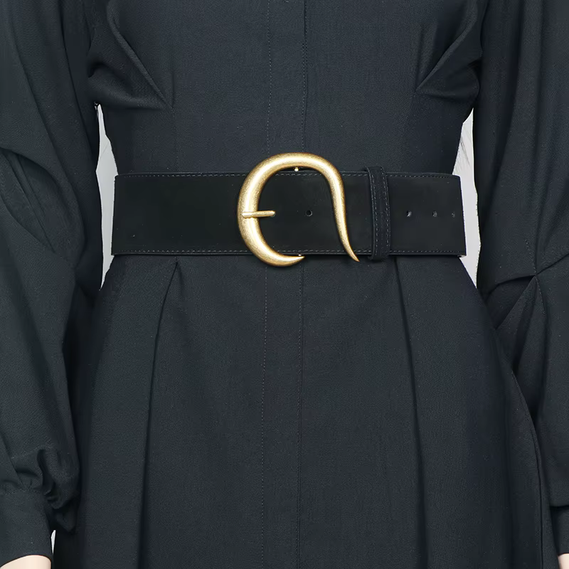 Genuine Leather Cowhide Waistbands Simple Vintage Gold Buckle Dress Belts