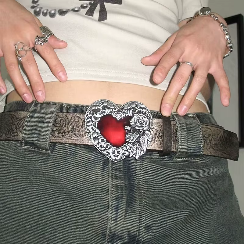 Gothic Punk Leather Metal Peach Heart Buckle Waist Strap Jeans Decorative Waistband