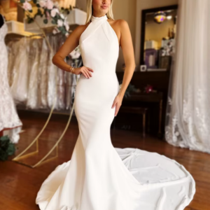 Graceful Halter Neck Sleeveless A-line Satin Bridal Floor-Length Wedding Dresses