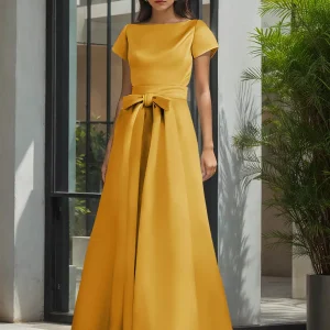 Jewel Neck Short Sleeves A-Line Sash Wedding Guest Party Dress For Mother Of The Bride