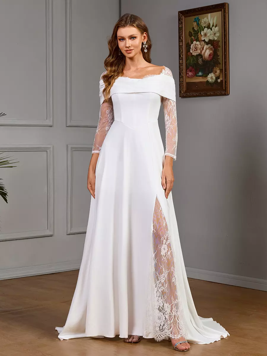 Lace Long Sleeves Satin Fabric Designed Neckline Bridal Wedding Dress With Train Ball Gown - Image 2