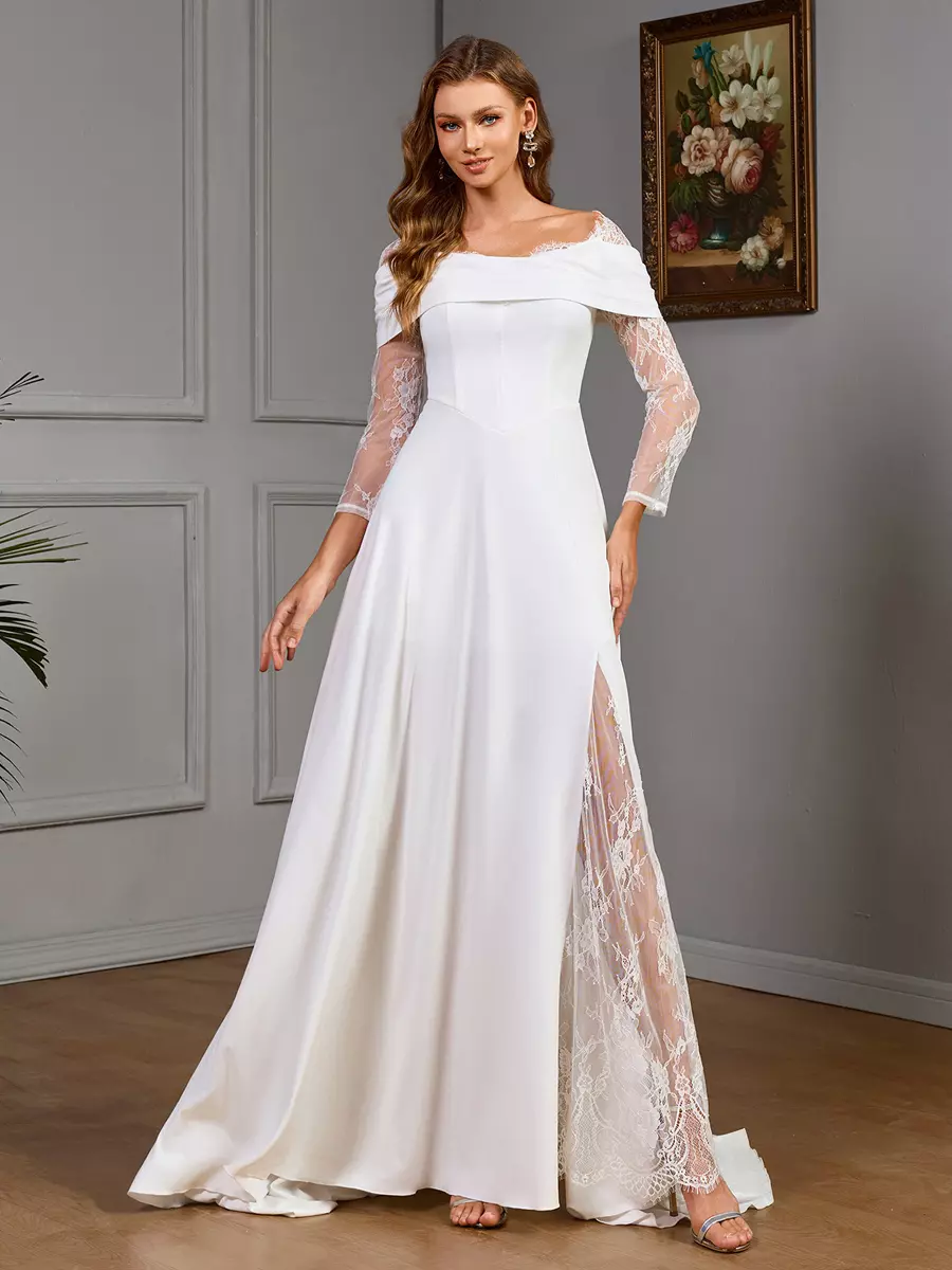 Lace Long Sleeves Satin Fabric Designed Neckline Bridal Wedding Dress With Train Ball Gown - Image 3