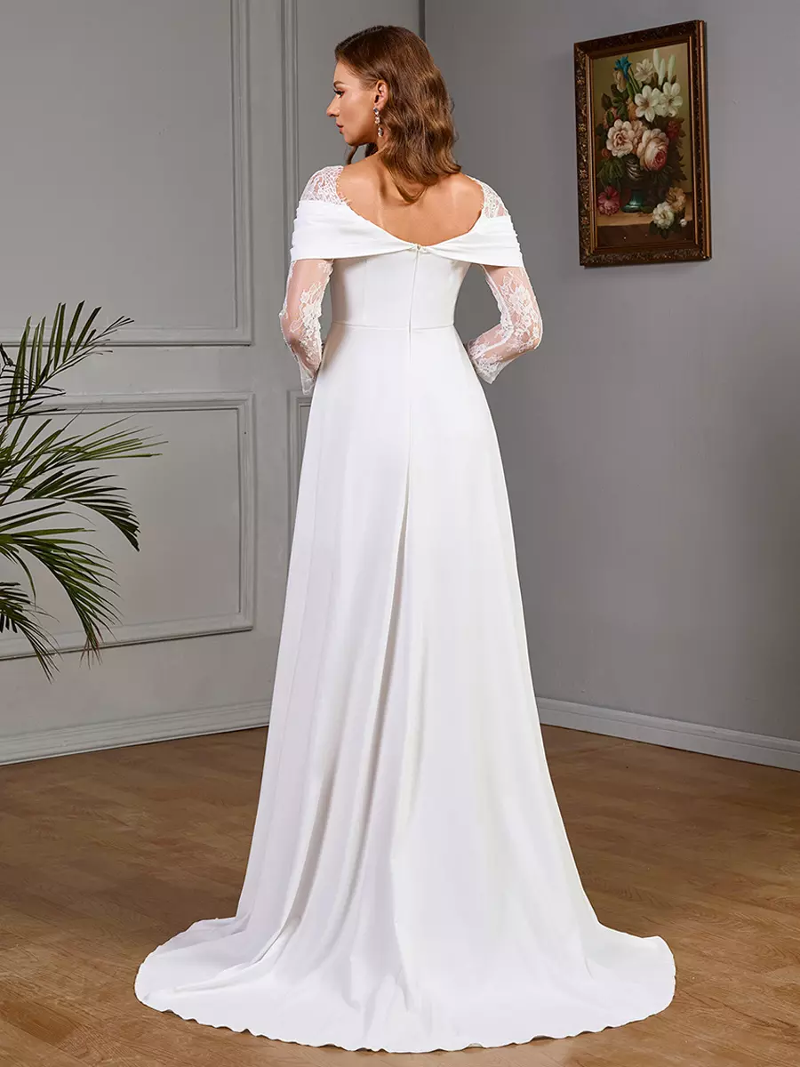 Lace Long Sleeves Satin Fabric Designed Neckline Bridal Wedding Dress With Train Ball Gown - Image 4