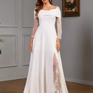 Lace Long Sleeves Satin Fabric Designed Neckline Bridal Wedding Dress With Train Ball Gown
