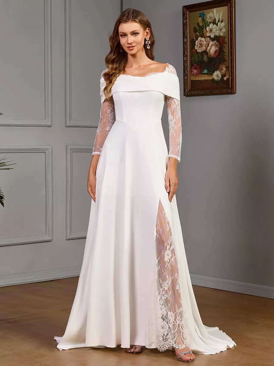 Lace Long Sleeves Satin Fabric Designed Neckline Bridal Wedding Dress With Train Ball Gown
