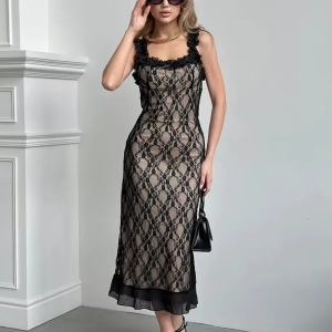 Lace Patchwork Square Collar Sleeveless Mid-Calf Dresses