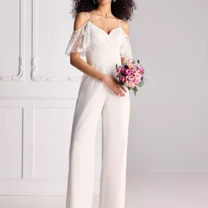 Lace Pleated Sweetheart Neck Half Sleeves Spaghetti Straps Natural Waist Floor-Length Bridal Jumpsuit