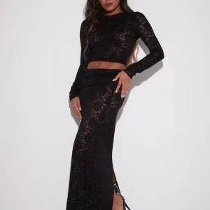 Lace Translucent Long Sleeves Crop Tops Two Piece Set