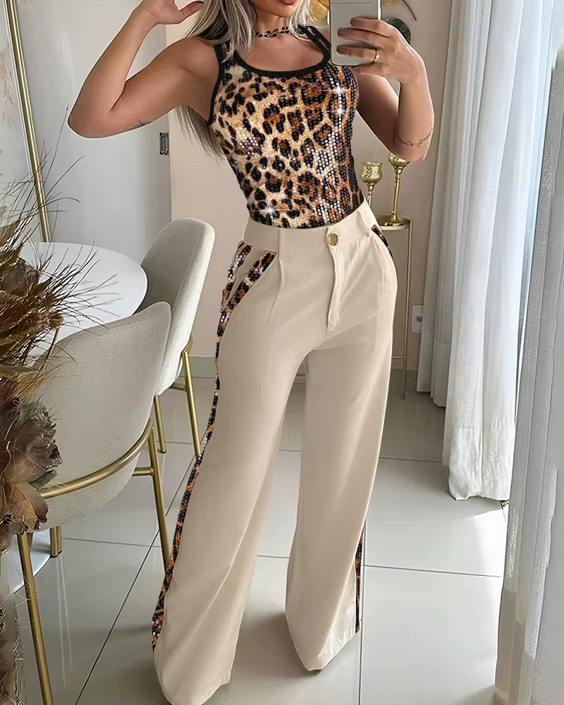 Leopard Pattern Contrast Sequin Thick Strap Tank Top And Wide Leg Pants 2 Piece Set - Image 2